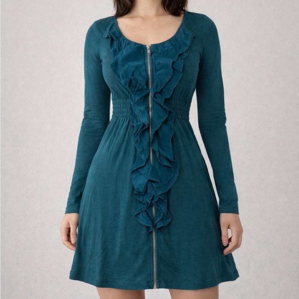 Green Dragon Teal Long Sleeve Zipper Front Ruffle Mini Dress
